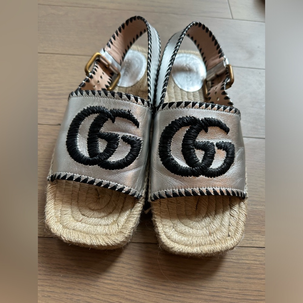 Gucci double G silver espadrille sandals